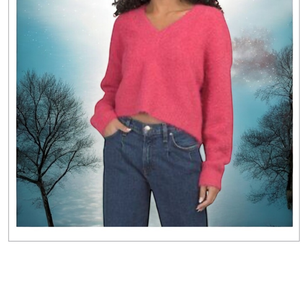 Marine Layer Bright Pink raspberry V-Neck teddy eyelash wool blend Sweater m